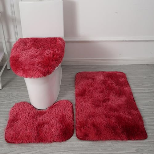 Alfombra de baño genérica de 3 piezas de microfibra ultra suave, antideslizante, absorbente, lavable a máquina, alfombra contorno de inodoro y funda de tapa de inodoro (rojo degradado)