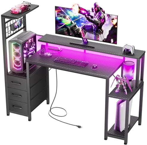 Korfile 48 Inch Gaming Desk with LED Lights & Power Outlets,Computer Desk with Fabric Drawers & Side Hook,Reversible Gamer Table with Monitor Stand for Game Room,Home Office,Carbon Fiber Black