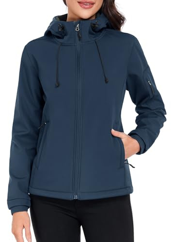 CMTOP Chaqueta Softshell Mujer Corta Forro Polar Cálida Abrigo Repelente al Agua Cortavientos Outdoor Chaqueta, Chubasquero con Capucha para Correr, Senderismo, Deportes(Azul marino,L)