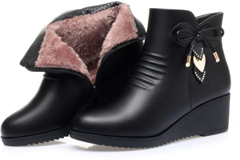 WEHAM Bottines Courtes à Talons compensés en Cuir pour Femmes, doublées de Fourrure Douce, Bottes de Neige à Plateforme antidérapante avec Fermeture éclair latérale,Noir,40