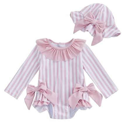 Toddler Baby Girl Bathing Suit Stripe Print Ruffle Bow Knot Long Sleeve Swimsuit Newborn One Piece Rash Guard with Hat 0-3T Girl Swimwear (Pink, 6-12 Months)