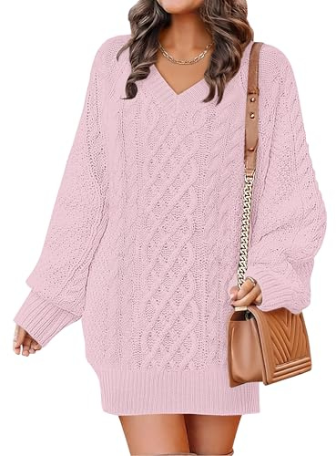 ANRABESS Women Sweater Dress Oversized V Neck Cable Knit Fall Long Sleeve