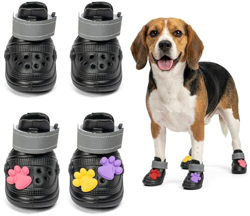 Wood Homing Zapatos para perro para protector de patas, 4 unidades, antideslizantes, sandalias transpirables con dije de zapato, tira reflectante para perros pequeños y medianos, para dejar de lamer