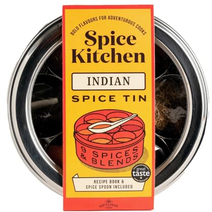 Spice Kitchen Premium Indian Spice Collection, Spice Tin with 9 Cooking Spices including Award-Winning Garam Masala, Stainless Steel storage tin, Indian recipe booklet and Spice serving spoon