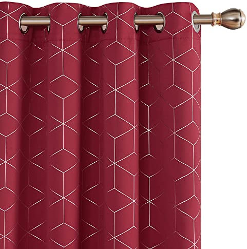 Deconovo Eyelet Blackout Curtains, Home Decorative Foil Diamond Printed Curtains, Thermal Insulated Curtains for Bedroom, 46 x 90 Inch(Width x Length), Red, One Pair