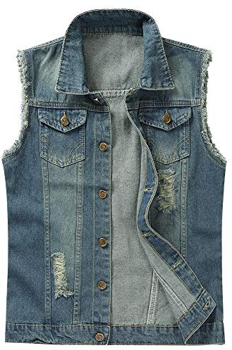 YOUTHUP Chaleco de Denim para Hombre Vesti de Mezclilla Rasgado Casual Vintage Sin Mangas Chaqueta