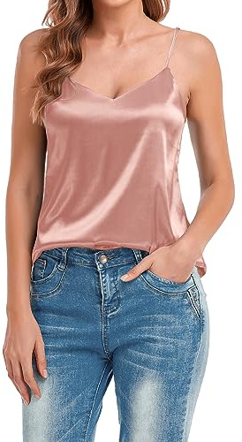 VIDUSSA Damen V-Ausschnitt Satin Cami Tank Top Seidentop Shirt Ärmellose Blusen Sommer Oberteile Rosa S