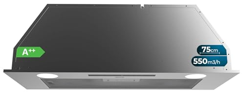 Cecotec Hotte Aspirante 75cm Bolero Flux IT 755500 Inox A++. Moteur 70W, 3 Niveaux de Puissance, Faible consommation, Finition inox, Puissance 550m³/h, Tactile, Booster, Lumière et Filtre à charbon