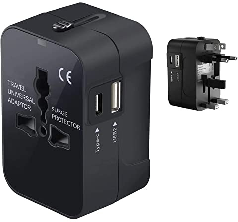 Travel USB Plus International Power Adapter Compatible with Alcatel Cinch for Worldwide Power for 3 Devices USB TypeC, USB-A to Travel Between US/EU/AUS/NZ/UK/CN (Black)