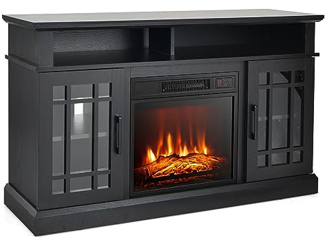 GiantexUK Electric Fireplace Insert TV Stand, Living Room Wooden Console Entertainment Center with Electric Fire, Overheat Protection & Remote Control, 1800-2000W (Black, 18” Fireplace, for 55” TV)