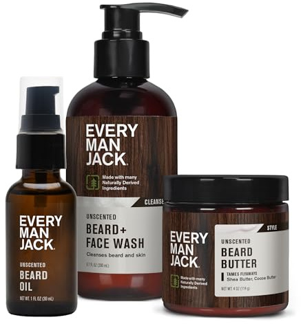 Every Man Jack Unscented Beard Bundle - Fragrance Free for Sensitive Skin - Contains (1) each of Beard & Face Wash, Beard Butter, and Beard Oil