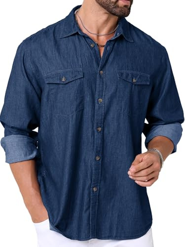 LUIGRAD Mens Denim Shirts Long Sleeve Lightweight Denim Button Up Shirts with Two Pockets (Indigo Wash,L)