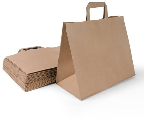 Inoverse 50 Sacchetti di Carta con Manici – 32+17x22 cm – Shopper in Carta Kraft Marrone, Buste Regalo Resistenti, Sacchetti per Negozi, Feste, Bomboniere ed Eventi