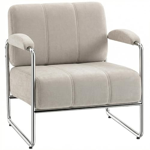 HOMCOM Poltrona Salotto Imbottito in Ciniglia con Doppie Cuciture, Poltroncina Camera da Letto Moderno con Braccioli e Gambe in Acciaio, per Soggiorno, Ufficio e Camera da Letto, 76x75x76 cm, Beige