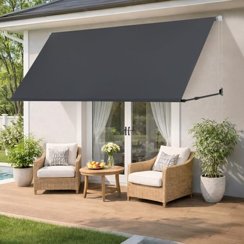 Jaxguom Markise Fallarmmarkise einziehbar 300x150cm, Stützarm 70-120cm verstellbar, 2m Perlenkette, Wandmontage, Sonnenschutz & Windschutz für Balkon Terrasse Garten, Dunkelgrau