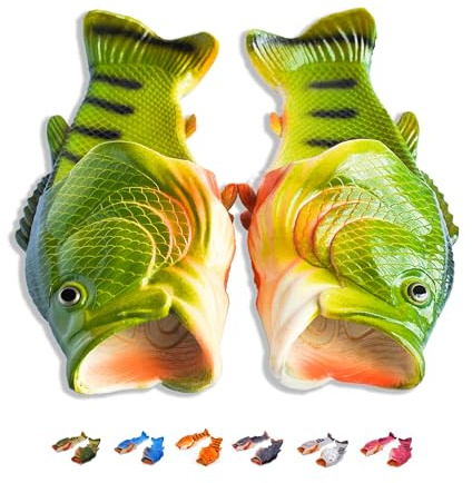 Coddies Fish Flip Flops | The Original Fish Slippers | Funny Gift, Unisex Sandals, Bass Slides, Pool, Beach & Shower Shoes | Men, Women & Kids (Green| 10-11.5 Men | EU 44-45)