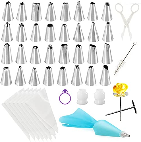 141 Teilig Kuchen Dekoration Set,100 Spritzbeutel & 32 Rostfreie Spritztüllen mit 2 Adapter,1 Silkon Spritzbeutel, 2 Blumennägel und 1 Blumenheber,Edelstahl Russische Spritztüllen Set