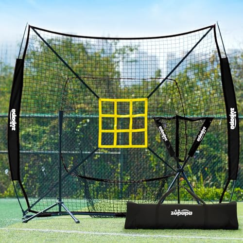 Zupapa 7x7 Feet Baseball Softball Hitting Pitching Net Tee Caddy Set with Strike Zone, Baseball Backstop Practice Net for Pitching Batting Catching for All Skill Levels (Black)