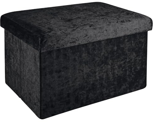 INTIRILIFE Faltbare Sitzbank 49x30x30cm in Samt Schwarz - Sitzwürfel mit Stauraum und Deckel mit Samtbezug - Sitzcube Fußablage klappbare Aufbewahrungsbox Truhe Hocker