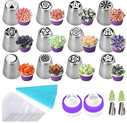 GOLRISEN Set di Punte per Tubazioni Russe 12 Ugelli per Decorare Torte Russe 2 Ugelli per Fiori Piccoli 2 Accoppiatori 1 Bustina di Glassa 10 Sacchetti Usa e Getta Ugelli per Decorare Torte Russe