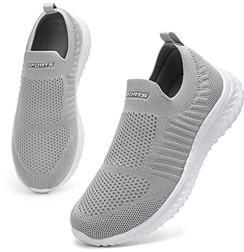 HKR Sneaker Damen Slip on Turnschuhe Leichte Sportschuhe Bequemn Schlupfschuhe Atmungsaktiv Freizeitschuhe Walkingschuhe ohne Schnürung Hellgrau 40 EU