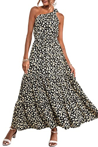 PRETTYGARDEN Women's Summer Floral Maxi Dress Knot One Shoulder Sleeveless Ruffle Flowy Boho Beach Wedding Guest Dresses(Black,X-Large)