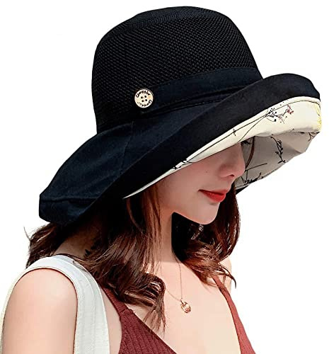 Summer Mesh Sun Hats for Women UV Protection Wide Brim Packable Beach Bucket Hat, Black, One Size