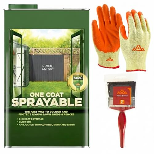 Perfectonish One Coat Sprayable Fence and Shed Paint 5-litres Exterior Wood Paint Low Odour Formula Garden Fence Paint with 3” Paint Brush and Protective Gloves (Silver Copse)