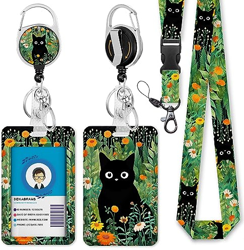 Black Cat Flower Lanyards for Id Badges, Id Badge Holder Heavy Duty and Retractable Keychain, Cute Badge Reel with 360 Degrees Rotate Carabiner Clip, Women Student Daily Office