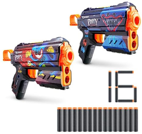 XSHOT ZURU Skins Flux Blaster - Poppy Playtime - Confezione da 2 con 16 freccette, ricarica semplice, tecnologia Air Pocket Dart, giocattolo in schiuma Blaster per bambini, adolescenti e adulti