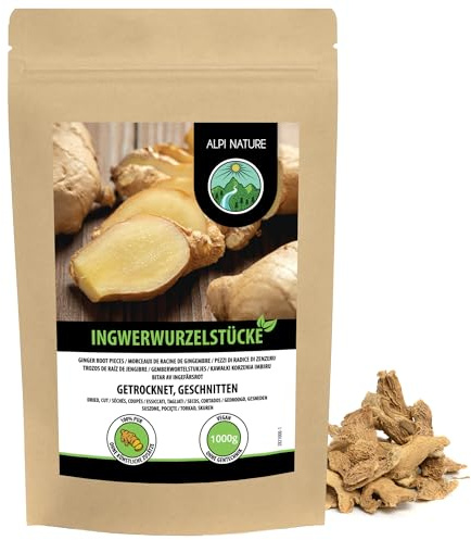 Alpi Nature Radice di Zenzero Pezzi 1kg, Radice di Zenzero Essiccata e Tagliata per Cucina e Tisane