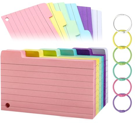 TECDW 300 Hojas Tarjetas de Índice con Rayas, 12,7 x 7,8 cm Flashcards Estudio con 6 Anillos de Hojas Sueltas, Notas de Rayadas, Fichas de Revisión para Hogar, Escuela, Oficina (6 Colores)