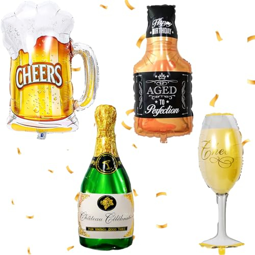 YOUYIKE Champagne Balloons, 4 Pcs Beer Helium Balloon, Foil Balloon Champagne, Whiskey Bottle Wine Glass for Birthday Holiday Wedding Beer Theme Party Decoration