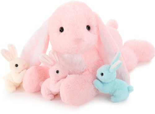 MorisMos 60cm Pâques Peluche Lapin Rose avec Bebe Mignon, Realiste Lapins en Peluche Geant XXL Doux, Idée Cadeau Noel pour Filles Enfant Anniversaire Pâques Décorations