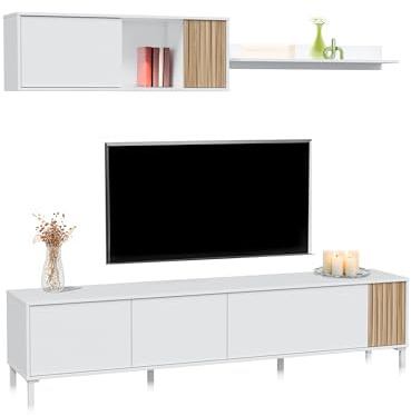 duehome | Conjunto de Salon, Mueble de TV, Modulos de Comedor, Modelo Nitza, Acabado en Blanco Artik y Natur, Medidas: 200 cm (Largo) x 40 cm (Fondo) x 47 cm (Alto)
