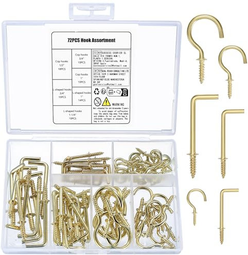 Hmkesoteric 72 Pcs Screw Hooks for Hanging Hooks: 38 Screw in Hooks + Square Hooks Dresser Cup Hooks, Heavy Duty Ceiling Hooks, Metal Hook Screws, Screw-in Hooks for Hanging Plants Cups, Gold