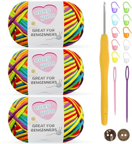 Chunky Crochet Yarn 3-Pack 50g - Cotton Yarn for Beginners with 3.5mm Hook - Thick Wool Amigurumi Starter Kit