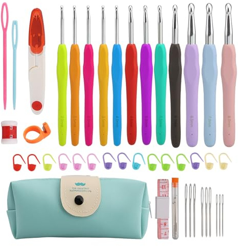 Lrocotanc Set de Agujas de Ganchillo 44 Piezas - 12 Tamaños Kit de Crochet para Principiantes - Mango Ergonómico Suave - Accesorios de Ganchillo de Colores - Con Bolsa de Almacenamiento