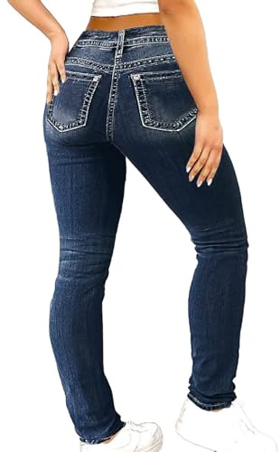 Flamingals Women's Butt Lifting Skinny Leg Jeans Stretchy Tummy Control Mid Rise Denim Jeans Dark Blue M