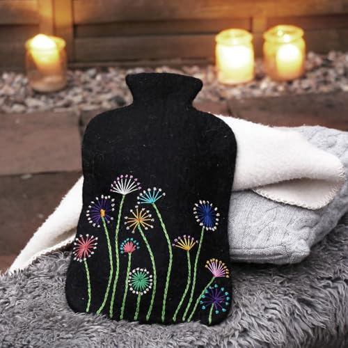 Funda para bolsa de agua caliente con diseño de diente de león de fieltro de lana, funda para botellas de agua caliente de hasta 2 litros, funda para botella de agua caliente, funda para botella de