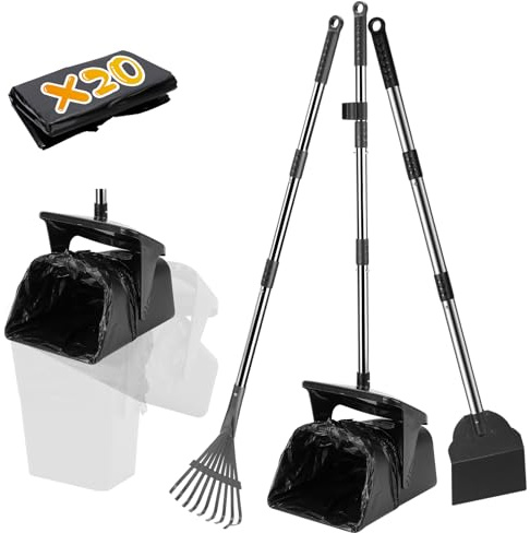 Voicinlili Set Paletta Cane con Rastrello, Paletta e 20 Sacchetti – Kit Raccogli Feci per Cani con Manico Lungo, Accessori Igienici per Giardino ed Esterni