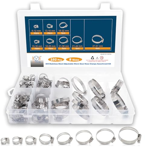 DIYoung 102pcs Colliers de Sserrage Réglables en Acier Inoxydable 304, Tuyau Clips, pour Tuyaux de Gaz Domestiques, Conduites D'eau, Tuyau D'arrosage (6-51 mm)
