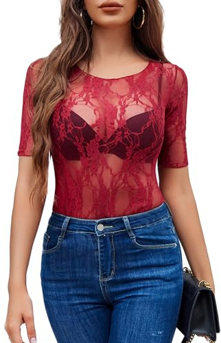 Avidlove Sexy Top da Donna in Pizzo Camicetta Estiva a Maniche Corte Top Elegante Camicia Floreale Scollo Rotondo T-Shirt Trasparente Outfit Rosso Vino L