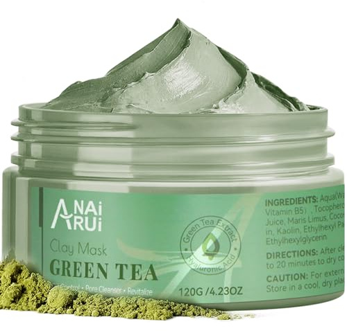 ANAI RUI Green Tea Mask, Clay Mask for Poreless Deep Cleanse, Green Tea Face Mask Blackhead Remover with Kaolin, Aloe, Collagen, Pore Minimizer, Hydrating, Moisturizing