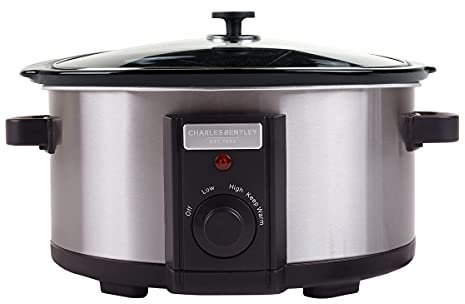 CHARLES BENTLEY 6.5L Capacity, Slow Cooker, Black, Removable Ceramic Bowl, Large, Stainless Steel, Tempered Glass Lid, Serves 5-6 People, 315W, 2 Heat Settings, Keep Warm Function (41.5x31x24.5cm)