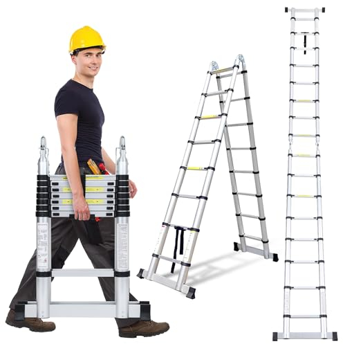 Izrielar Teleskopleiter 5M, Faltbar Mehrzweckleiter Leiter Aluminiumleiter, JZ250D Rutschfester Ausziehbare Stehleiter, 2,5M+2,5M Faltbar Stehleiter, Stabil Sprossenleiter bis 150KG, Silber