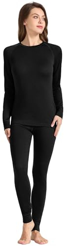 woolcano Ropa interior térmica 100% merino para mujer, ropa interior de esquí, ropa interior funcional, camiseta térmica y leggings, Negro , L