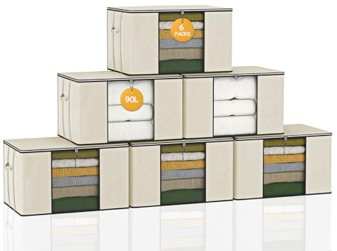 6 STK 90L Aufbewahrungstasche Aufbewahrungsbox mit Deckel Groß Umzugskartons Kleideraufbewahrung mit Verstärkt Griff Faltbare Aufbewahrungboxen für Bettdecken Decken Aufbewahrung Kleiderschrank Beige