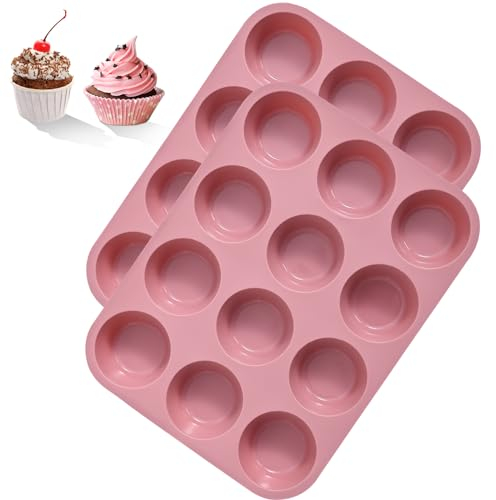 BASVII 2 Teglia per Muffin Silicone, 12 Stampi, 29.2 x 22 x 2.8 cm, Stampo Muffin, Stampi per Muffin Rivestimento Antiaderente per Muffins, Cupcake (Rosa)