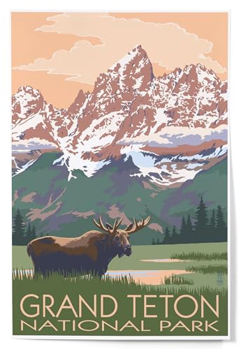 Lantern Press 12x18 Inch Art Print, Home Decor, Grand Teton National Park, Wyoming, Moose and Mountains
